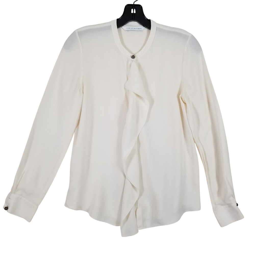 Diane von Furstenberg White Ruffle Front Long Sleeve Blouse Sz M Ivory Top